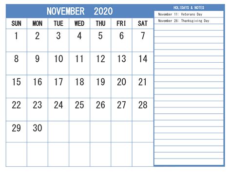 Free Printable November 2020 Calendar With Holidays