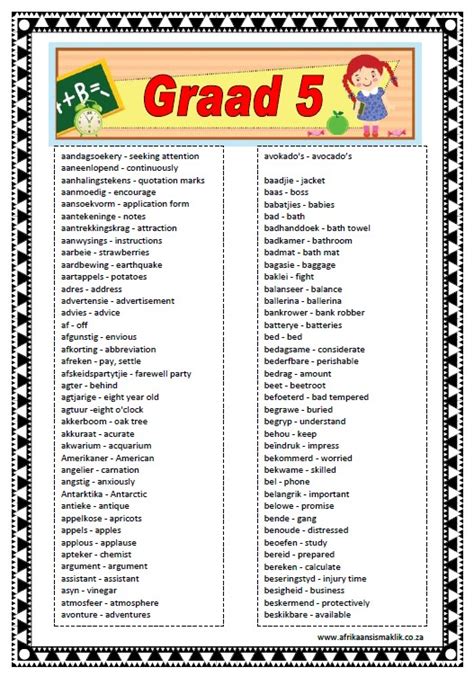 Afrikaans Spelling Words Grade 4