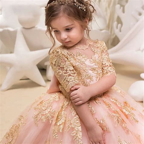Little Girl Birthday Party Dress Lace Applique Long Sleeve Kids Ball