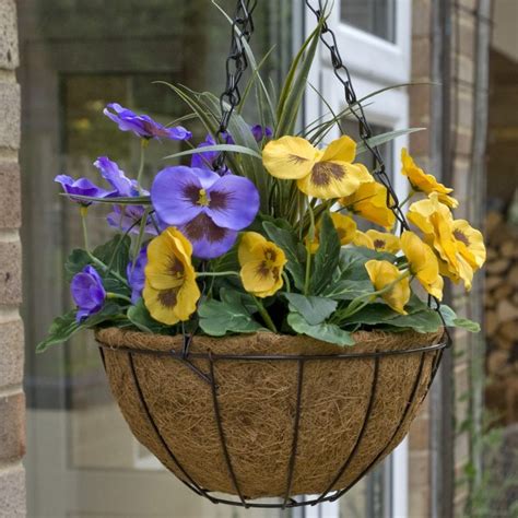 Artificial Purple And Yellow Pansy Round Coir Hanging Basket Set Of 2