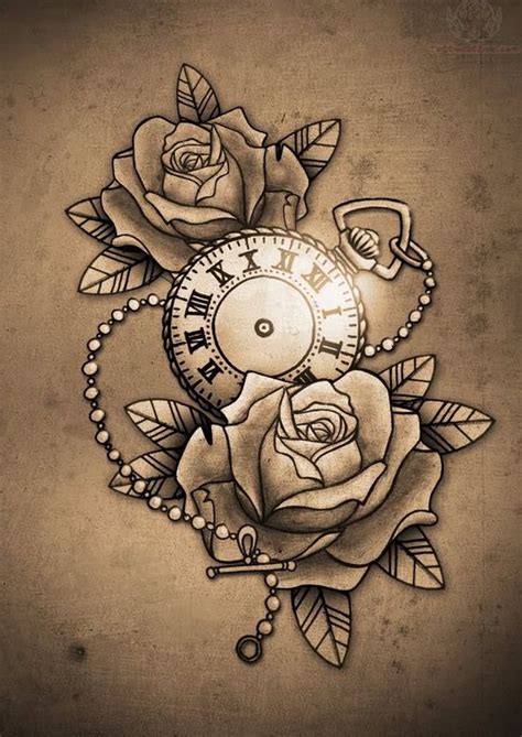 Awesome Tattoo Pics Clock And Roses Tattoo Design