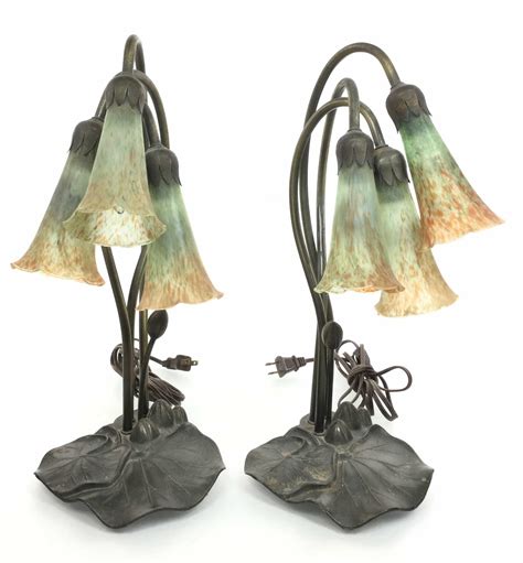 Lot 2 Art Nouveau Art Glass Lily Pad Table Lamps