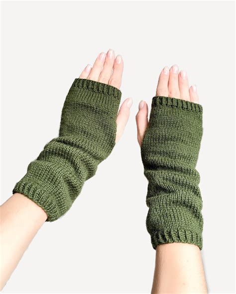 Moss Green Fingerless Mittens Dark Green Arm Warmers Women Etsy