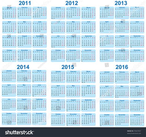 Set 2011 2016 Calendar Stock Vector 70567057 Shutterstock