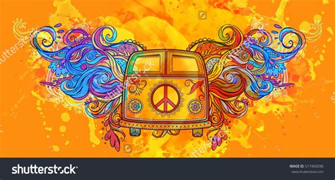 Hippie Vintage Car A Mini Van Ornamental Background Love And Music