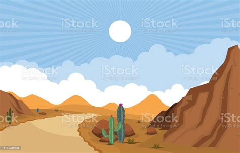 Beautiful Western Desert Landscape With Sky Rock Cliff Mountain Vector