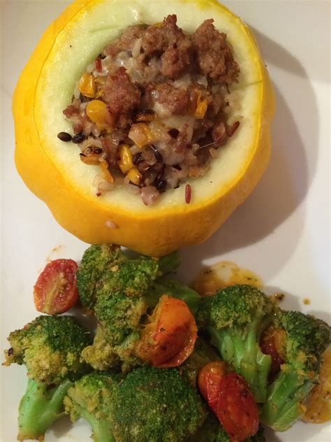 Pattypan Squash Stuffed With Sausage Corn And Rice Curiouser
