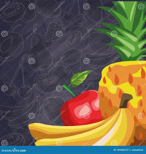 Fresh Fruit Pineapple Apple And Bananas Food Healthy Dark Background