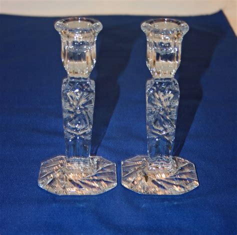 Vintage Pair 6 Inch Pressed Glass Candlesticks With Hand Cut Accents Set Of 2 Candle Holder