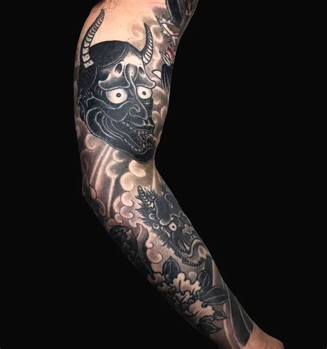 Arm Black Grey Flowers Hannya Oni Japanese Sleeve Tattoo Slave To