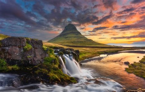 Wallpaper The Sky Grass Clouds Sunset Stream Stones Mountain