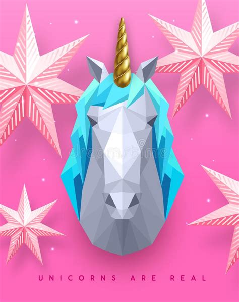 3d Polygon Paper Unicorn Head With Golden Horn On Rainbow Background