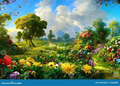 Paradise Garden Full of Flowers, Beautiful Idyllic Background with Many