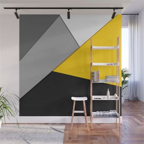 Simple Modern Gray Yellow And Black Geometric Wall Mural Bedroom Wall