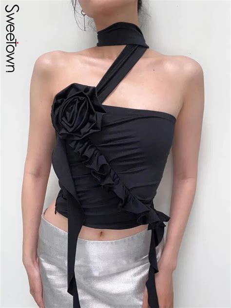Sweetown Black Strapless Slim Sexy Halterneck Tube Top With An Attached Rose Red Elegant Fashion