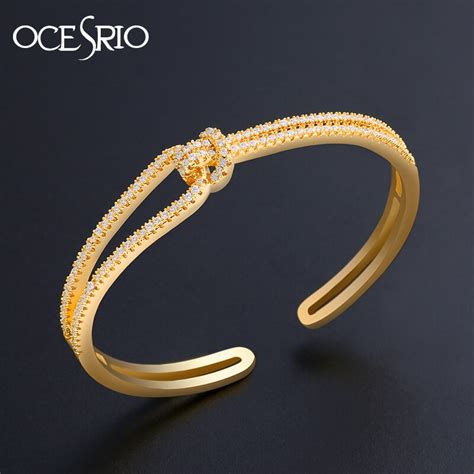 Ocesrio Gold Knot Cuff Bracelets Cubic Zirconia Stones Designer Crystal Metal Bangles Bracelets