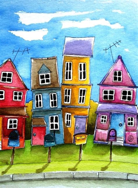 Aceo Print Watercolor Lucia Stewart Folk Art Whimsical House Home