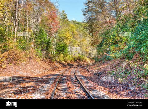 Railroad Tracks In Autumn Fall In West Virginia With Golden Foliage