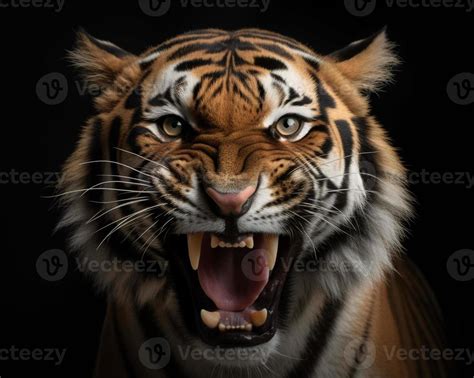 Detailed Portrait Of A Roaring Tiger S Face Isolated On Black