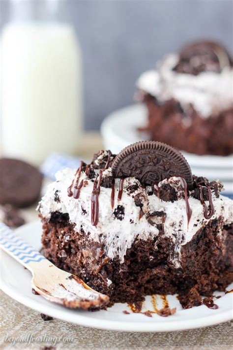 Some of the cookies are then crushed, combined with melted butter, and the mixture is pressed into the baking dish. Ultimate Oreo Poke Cake - Beyond Frosting