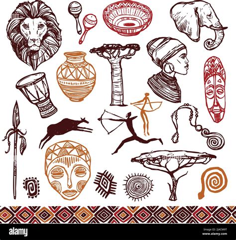 Africa Doodle Icons Set With Lion Mask Drums Isolated Vector