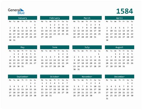 1584 Yearly Calendar Templates With Monday Start