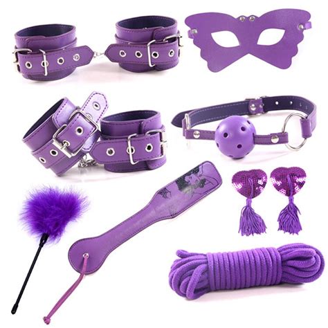 Purple Adult Games 8pcs Collar Mouth Gag Ball Handcuff Nipple Paste Couple Sex Accessories