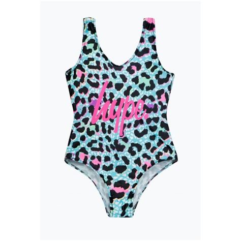 Hype Girls Blue Ice Leopard Script Swimsuit Sport From Excell Sports Uk