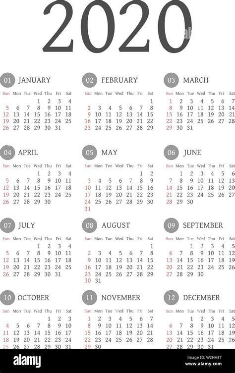 Calendario Del Año 2020 Plantilla De Vectores En Blanco Y Negro La