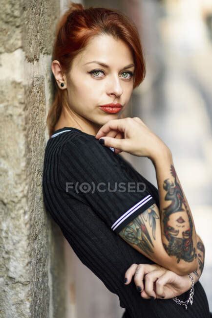 Portrait Of Red Haired Tattooed Woman Outdoors — Beauty Individuality