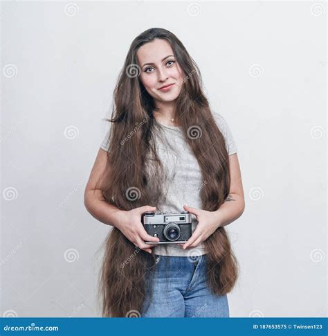 Girl With Long Beautiful Hair Takes A Selfie Turned Her Back On The Camera Stock Image Image