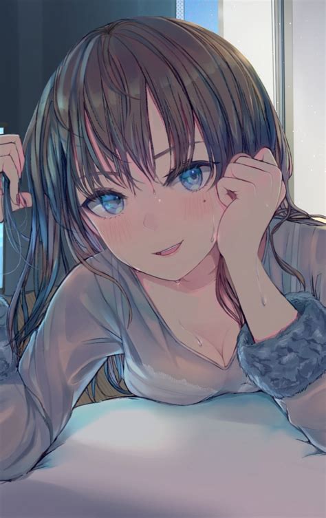 anime girl brown hair cute blue eyes 840x1336 wallpaper