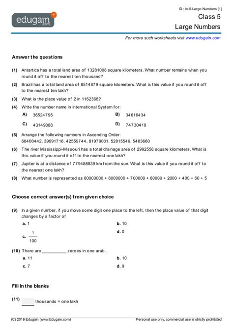 Large Numbers Worksheet For Class 5 Pdf