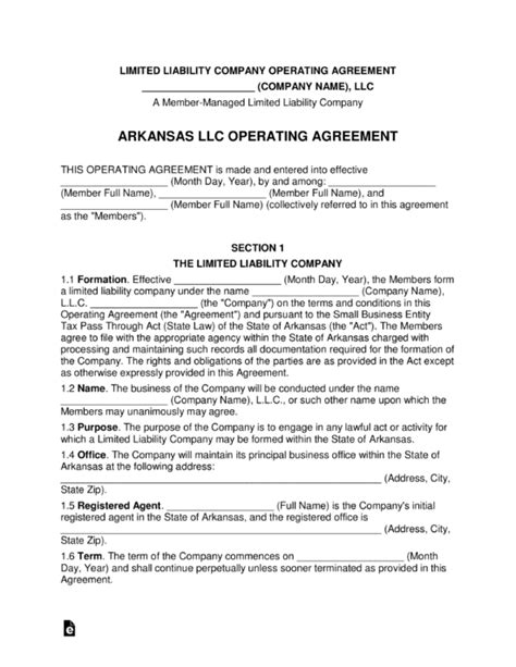 Free Arkansas Multi Member Llc Operating Agreement Form Pdf Word
