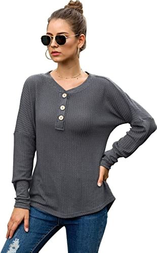 Womens Waffle Knit Tunic Blouse T Shirts Loose Long Sleeve Button Up V
