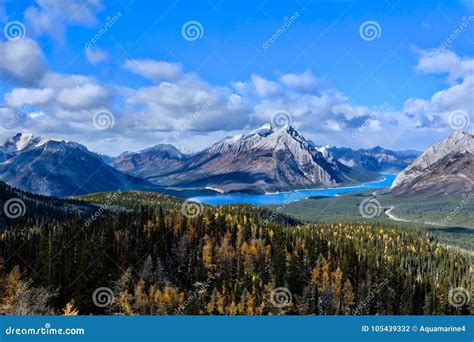 Canadian Rockies Landscape With Lakes And Mountains Covered With Snow