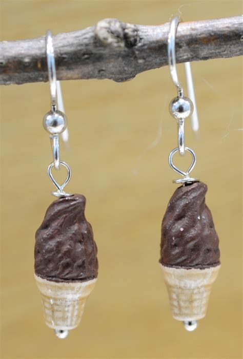 Ceramic Chocolate Ice Cream Cone And Sterling Silver Handmade Dangle Earrings Jewelry By