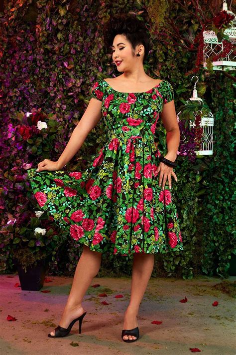 Pinup Couture Peasant Dress In Black And Pink Floral Retro Style