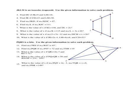 Some of the worksheets displayed are 6 properties of trapezoids, properties of trapezoids and kites, geometry work name kites and trapezoids period, kites and trapezoids work answers, kites and trapezoids work answers, a is a quadrilateral with exactly two pairs of congruent. Trapezoids and Kites Homework Worksheet for 9th - 11th ...