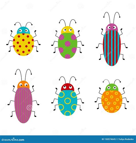 Funny Bug Set Collection Happy Cartoon Insects Colorful Hand Drawn