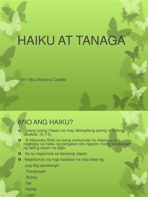 Narito ang mga halimbawa ng makabagong kasabihan. Haiku at Tanaga