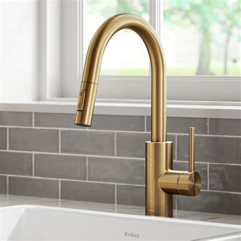 Kraus Oletto Single Handle Pull Down Kitchen Faucet In Brushed Brass Finish Walmart Com