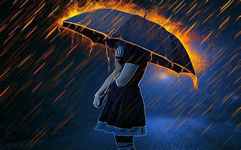 Free Download Anime Women Woman Girl Umbrella Fire Rain