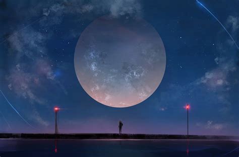 Huge Moon Anime Girl Night Sky Stars Hd Anime 4k Wallpapers Images