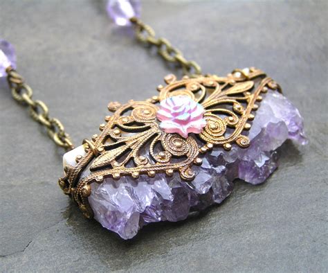 Amethyst Druzy Natural Raw Gemstone Necklace Purple Jewelry