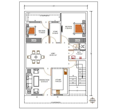 30x40 Feet North Facing 2 Bhk House Ground Floor Plan Dwg File Cadbull