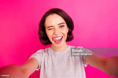 Self Portrait Of Charming Cute Nice Flirty Playful Girlfriend Licking Her Upper Lip While
