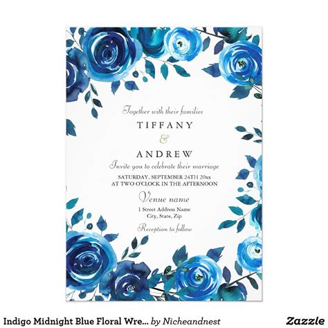 Indigo Midnight Blue Floral Wreath Wedding Invite Floral
