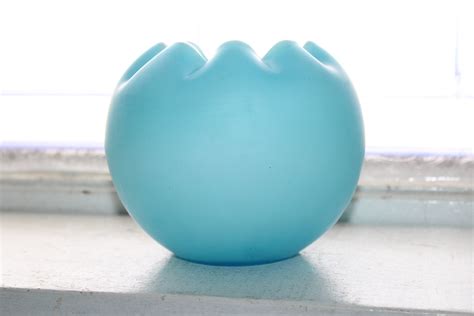 Large Vintage Turquoise Blue Satin Glass Ball Vase With Crimped Rim