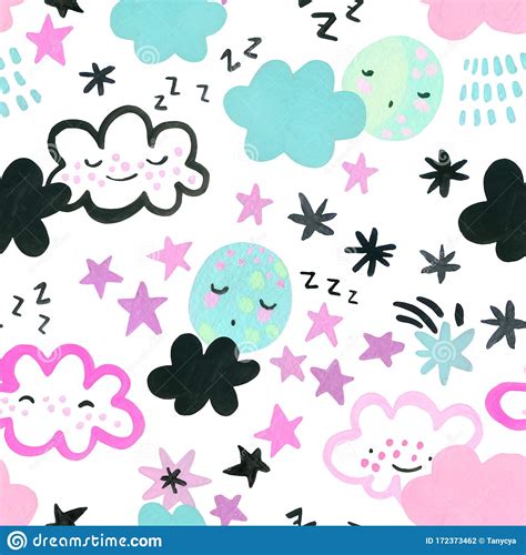 Funny Sleeping Moons Clouds Stars Background Nursery Art Seamless